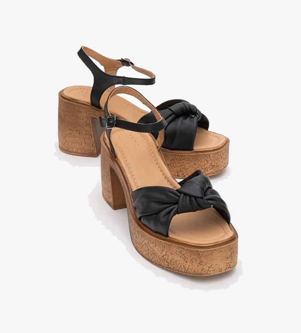 TILY Siyah Cilt Hakiki Deri Kadın Platform Topuklu Sandalet - Görsel 1