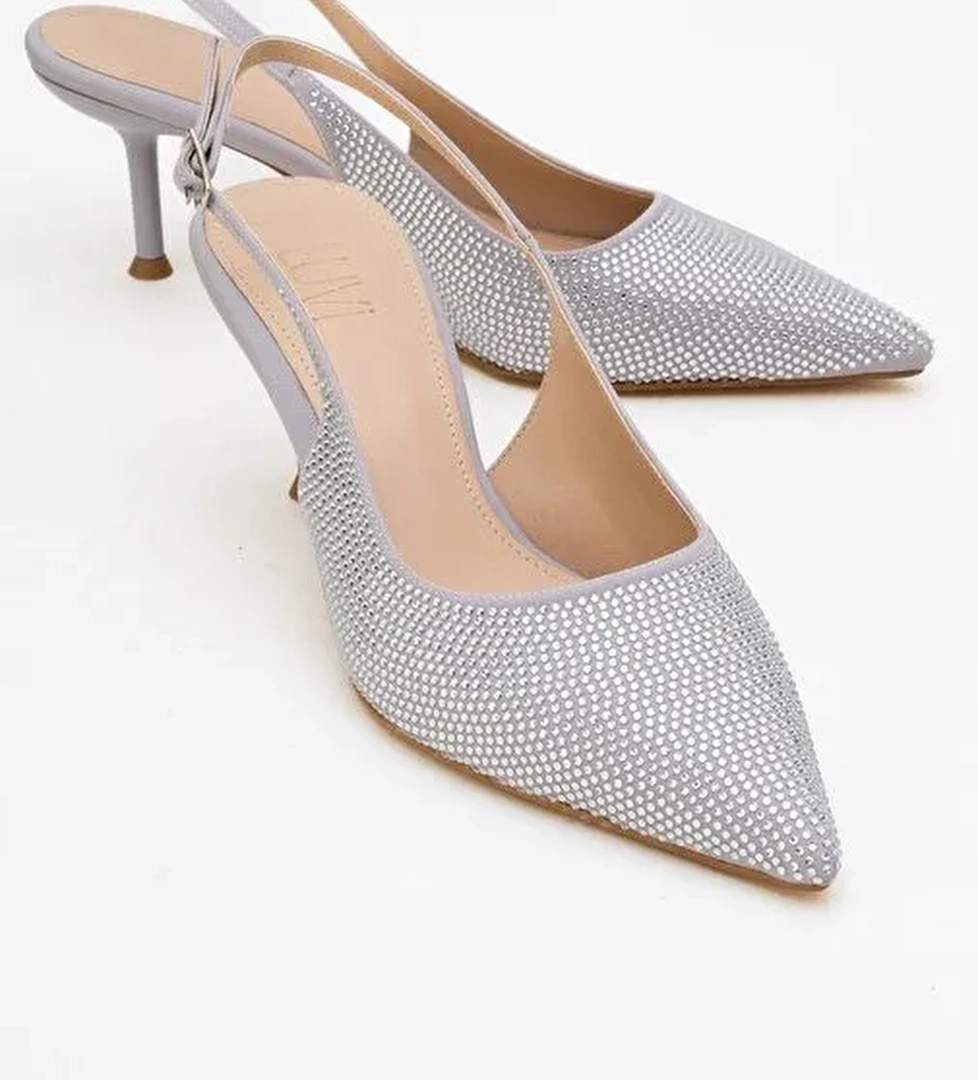 NOVS Gümüş Taşlı Kadın İnce Topuklu Abiye Ayakkabı - Görsel 1