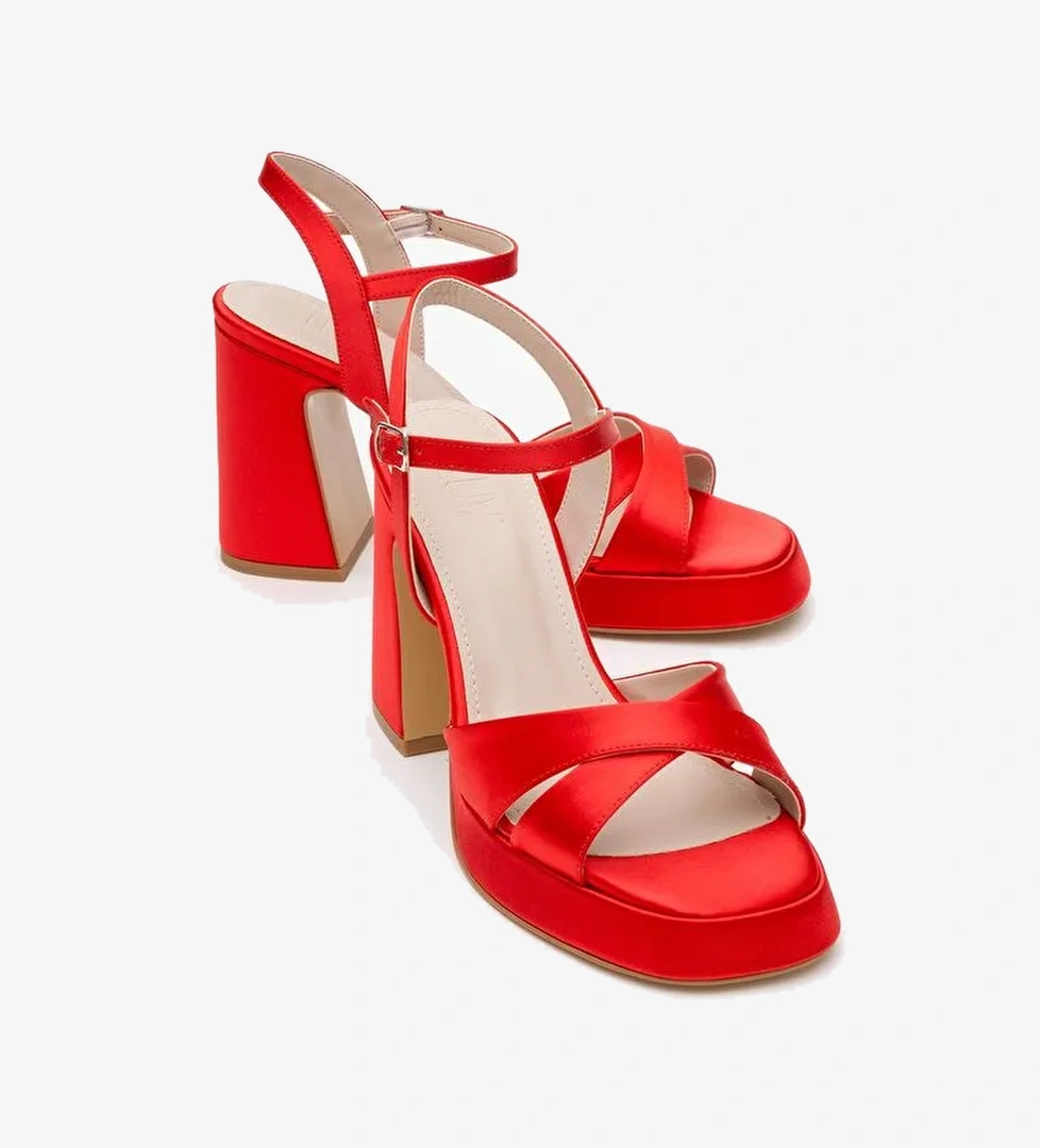 LELLO Kırmızı Saten Kadın Platform Topuklu Ayakkabı - Görsel 1