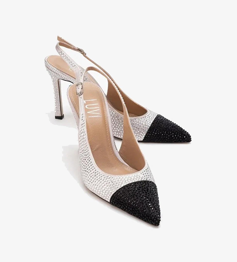 LONDON Bej Siyah Gümüş Taşlı Kadın Yüksek Topuklu Ayakkabı - Görsel 1