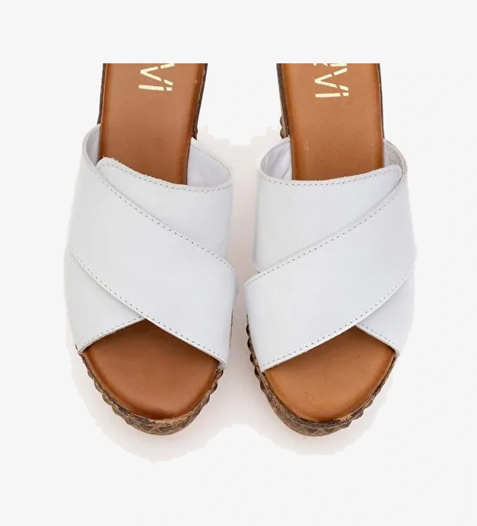 LOIS Beyaz Cilt Hakiki Deri Kadın Dolgu Topuklu Terlik - Görsel 1