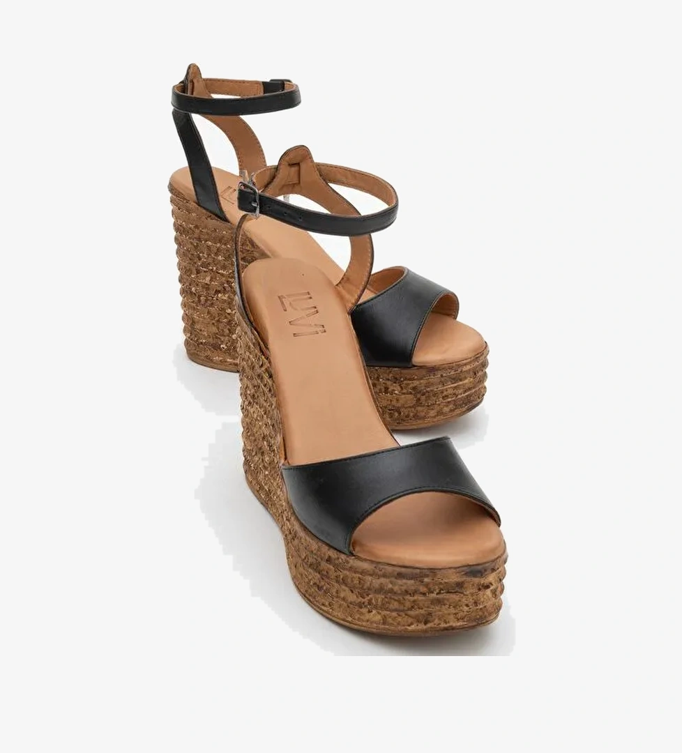 ELSIE Siyah Cilt Hakiki Deri Kadın Dolgu Topuklu Sandalet