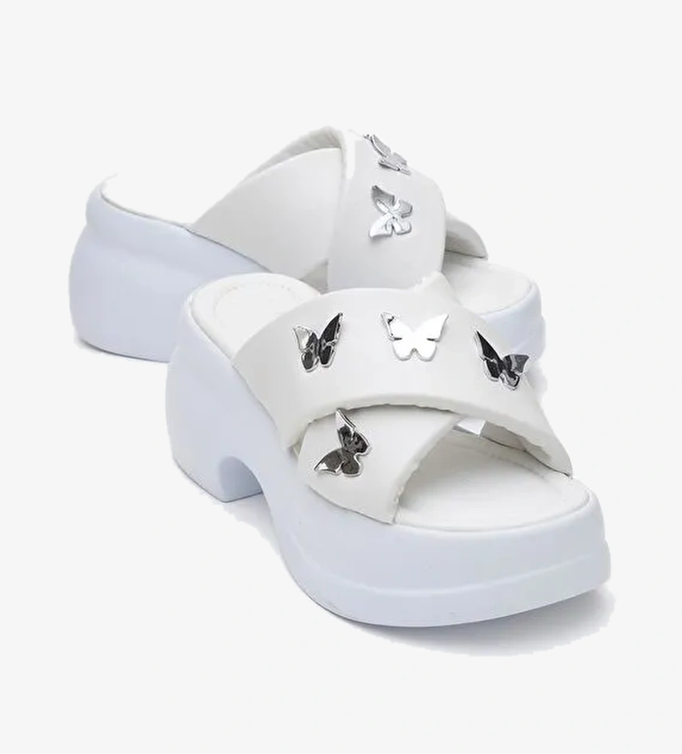 FORCE Beyaz Kelebek Tokalı Dolgu Tabanlı Kadın Terlik - Görsel 1