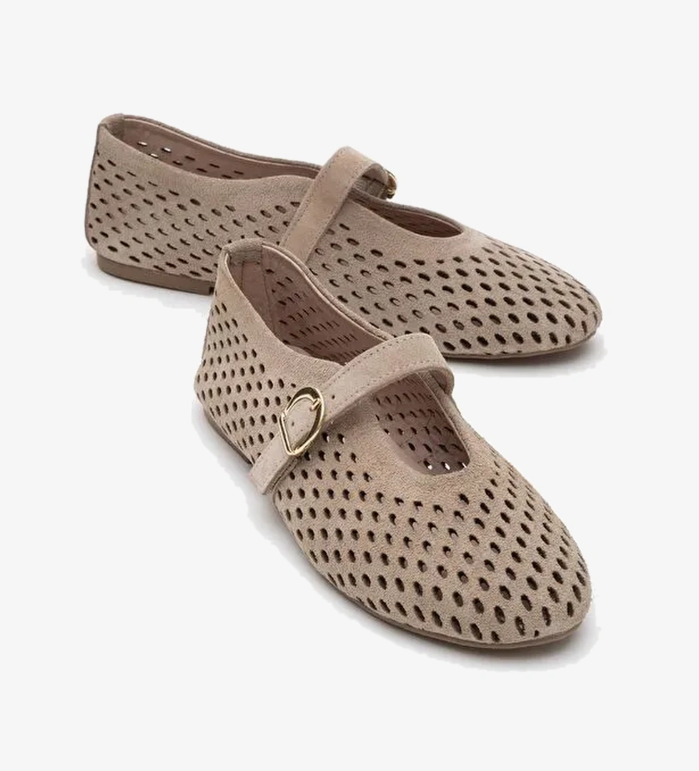 ARİAN Bej Süet Hakiki Der Delikli Kadın Babet Ayakkabı - Görsel 1