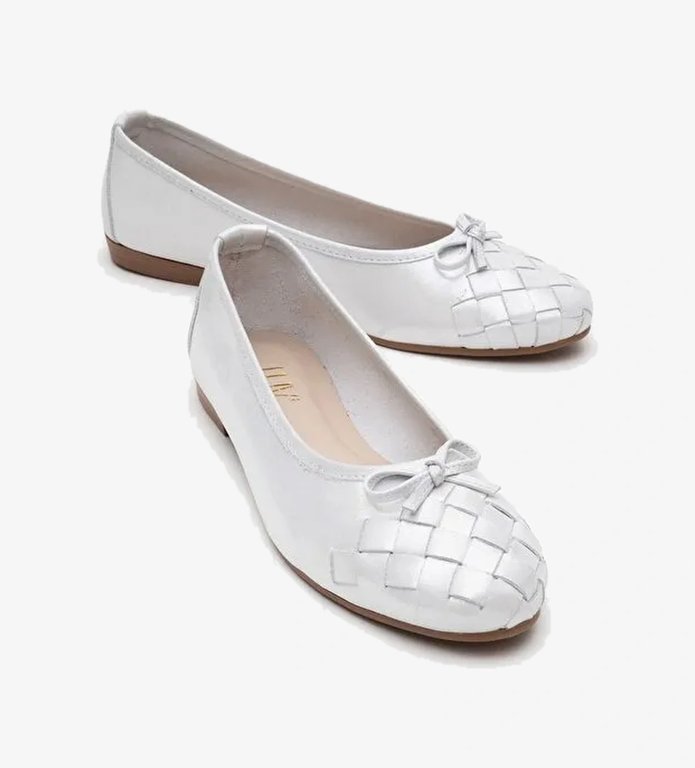 03 Beyaz Simli Hakiki Deri Kadın Babet Ayakkabı - Görsel 1