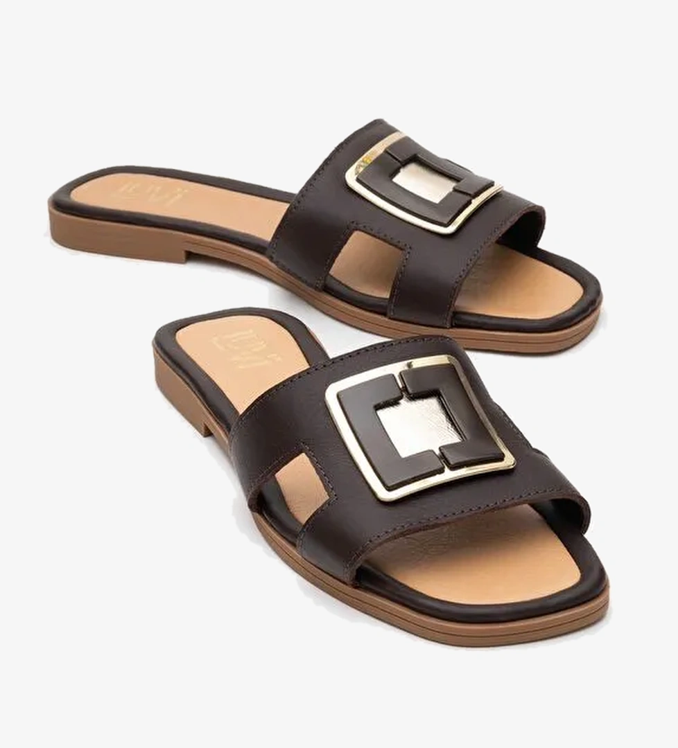 MİLLİE Kahverengi Hakiki Deri Tokalı Kadın Terlik - Görsel 1