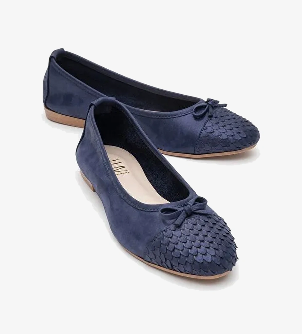 02 Lacivert Simli Hakiki Deri Kadın Babet Ayakkabı - Görsel 1