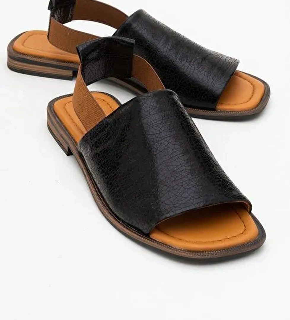 FUELA Siyah Hakiki Deri Lastikli Kadın Sandalet - Görsel 1