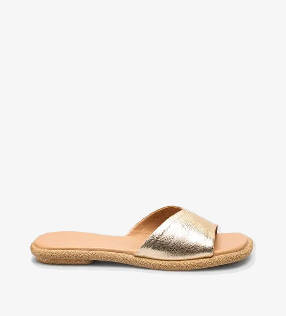 %100 Hakiki Deri Altın Rengi Kadın Terlik - Görsel 1