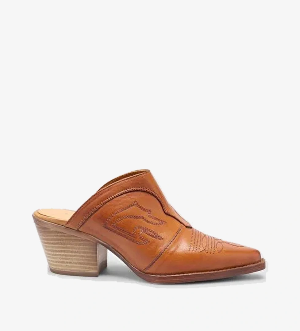 %100 Hakiki Deri Taba Kadın Kovboy Terlik - Görsel 1