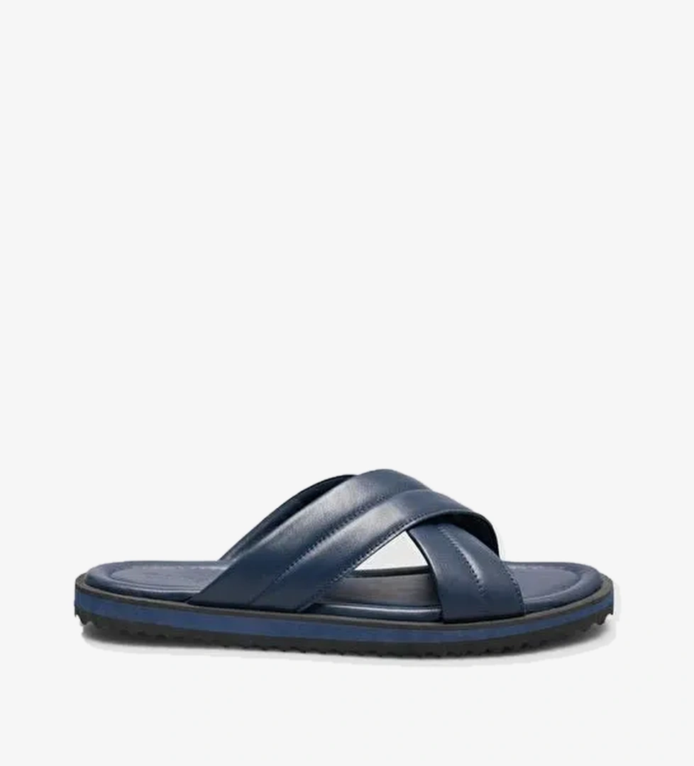 %100 Hakiki Deri Lacivert Erkek Terlik - Görsel 1