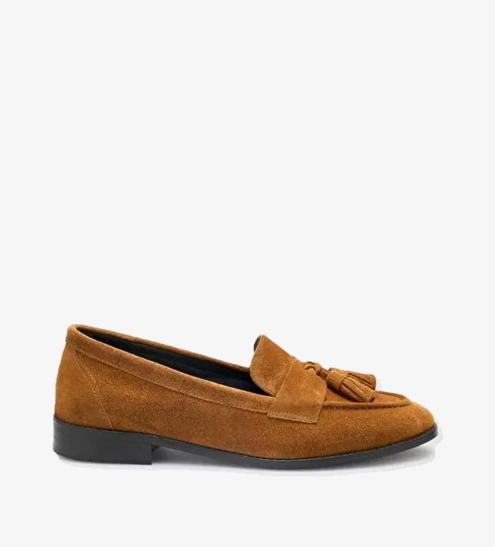 %100 Hakiki Deri Taba Süet Kadın Loafer - Görsel 1