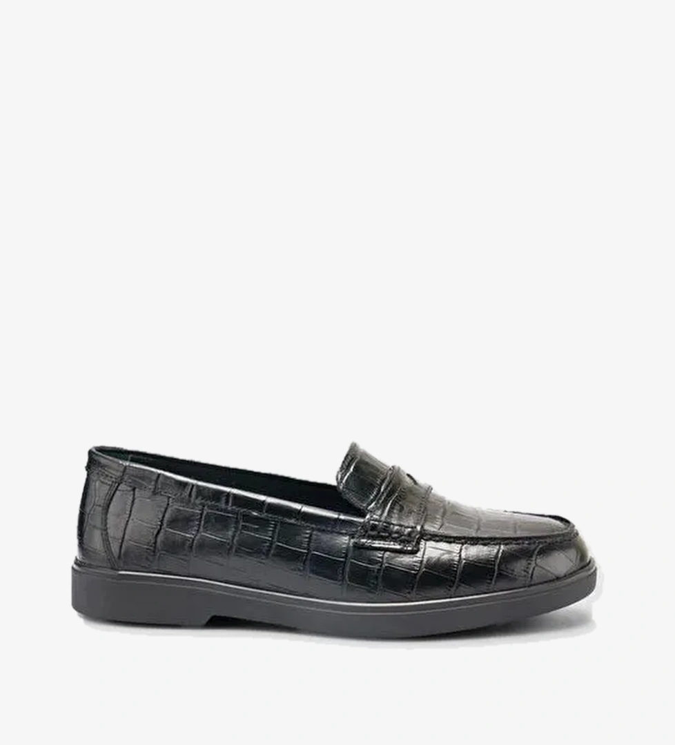%100 Hakiki Deri Siyah Croco Desen Kadın Loafer - Görsel 1