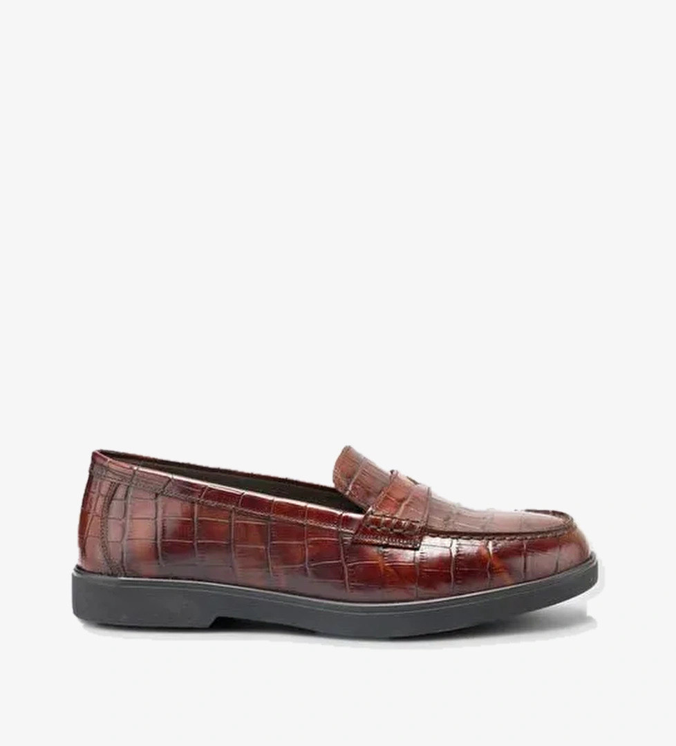%100 Hakiki Deri Kahverengi Croco Desen Kadın Loafer - Görsel 1