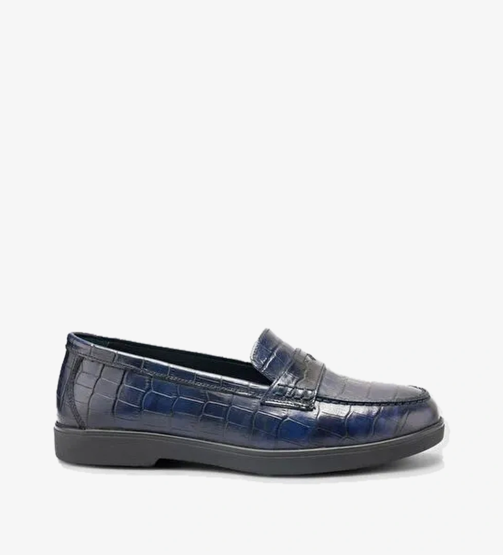 %100 Hakiki Deri Lacivert Croco Desen Kadın Loafer - Görsel 1