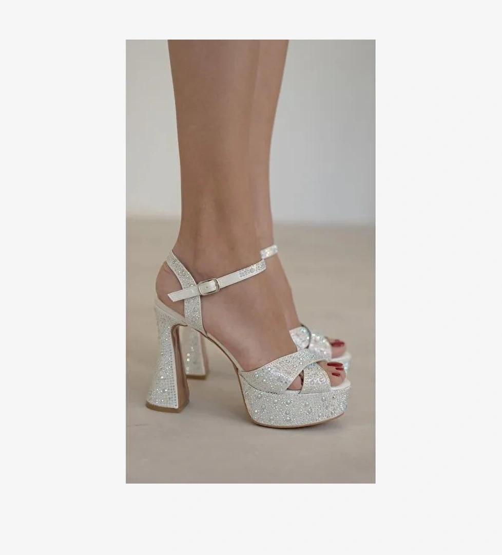 Sabonis Beyaz Taşlı Topuklu Ayakkabı - Görsel 1