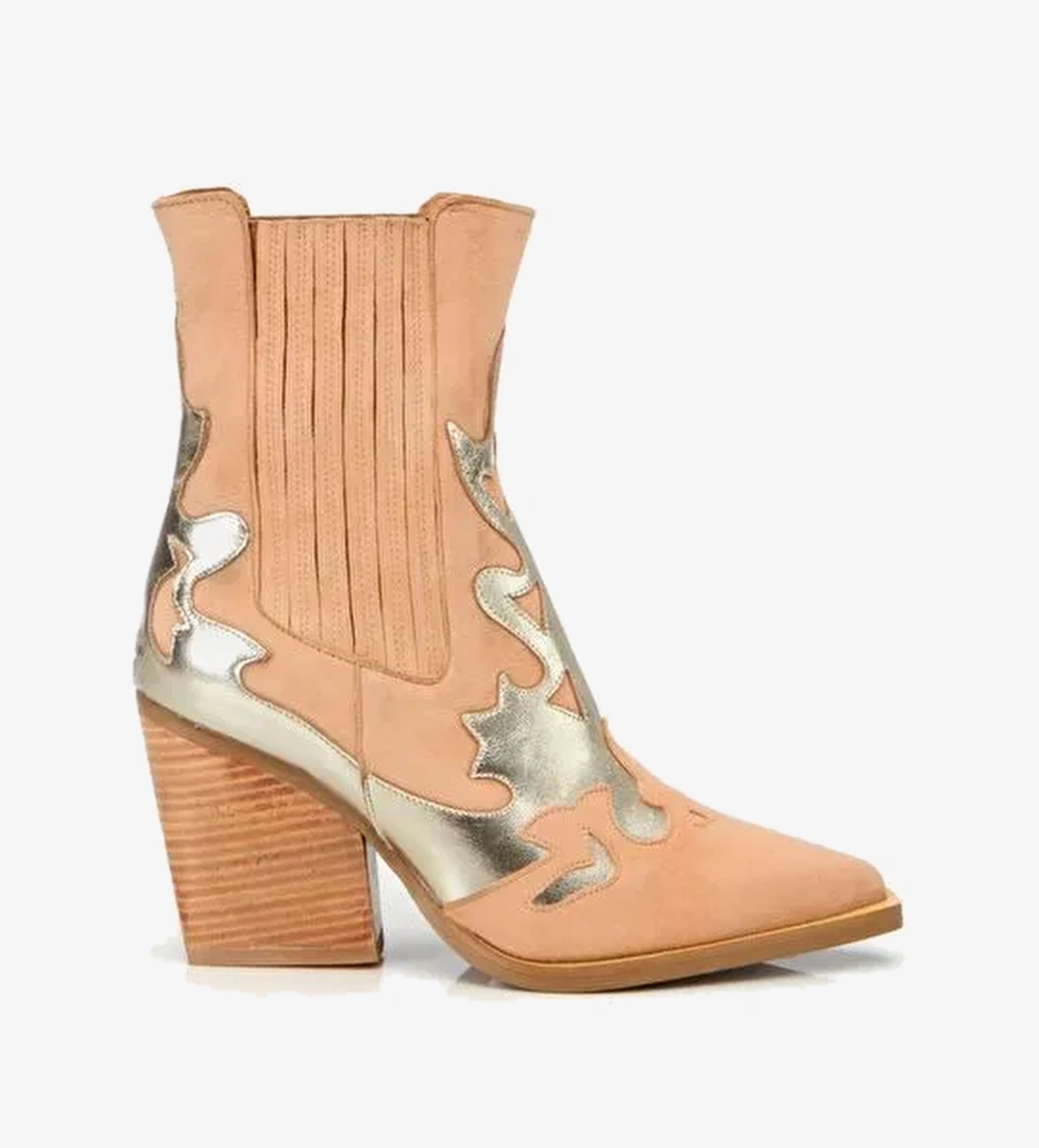 Kadın Süet Deri Bej Western Topuklu Bot - Görsel 1