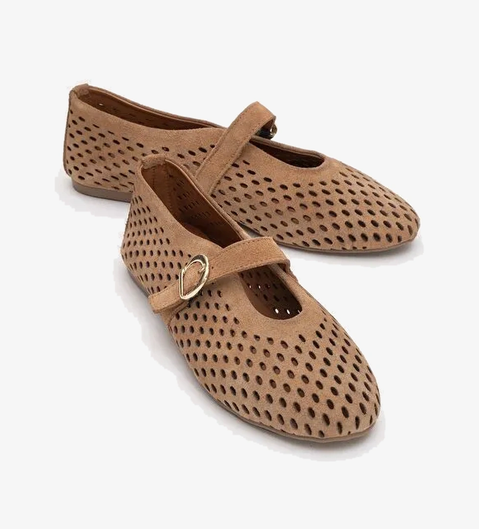 ARİAN Toprak Süet Hakiki Deri Delikli Kadın Babet Ayakkabı - Görsel 1