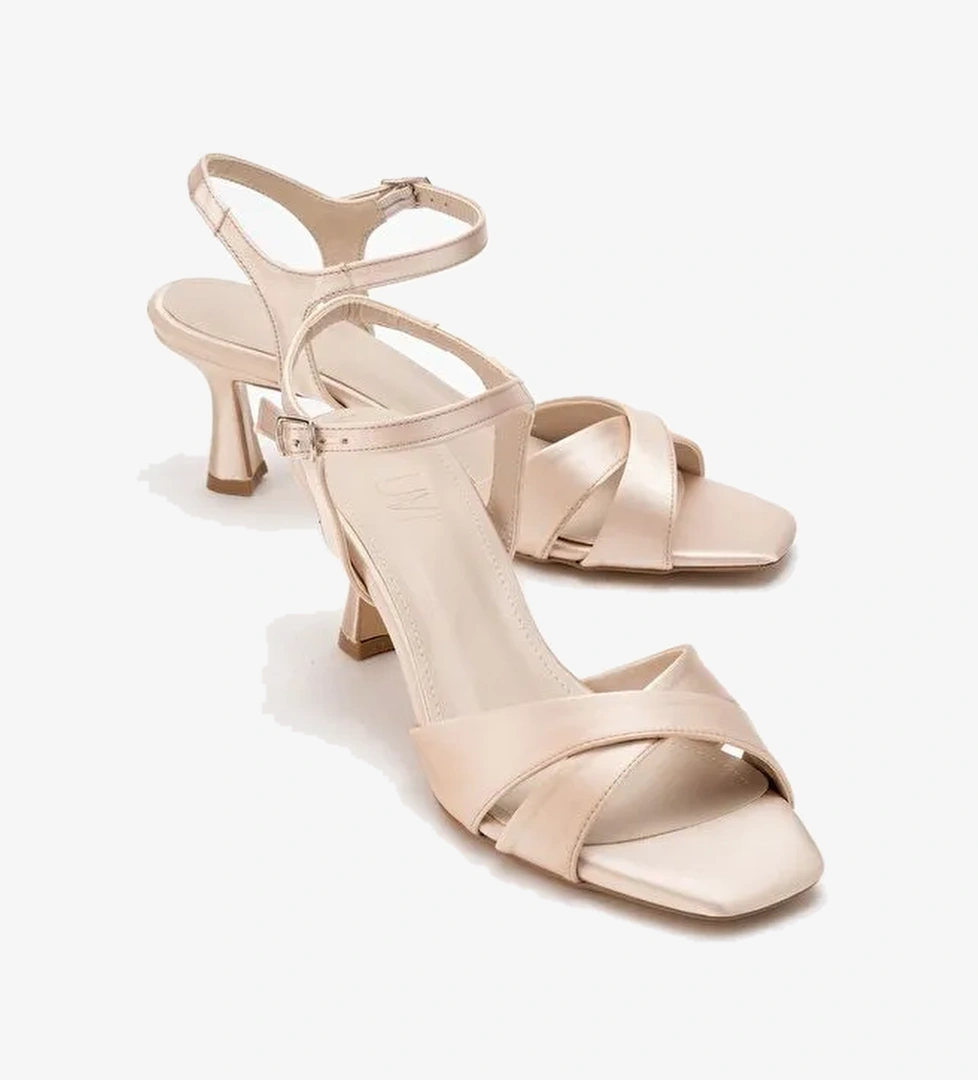 MELİN Bej Saten Çapraz Bantlı Kadın Topuklu Ayakkabı - Görsel 1
