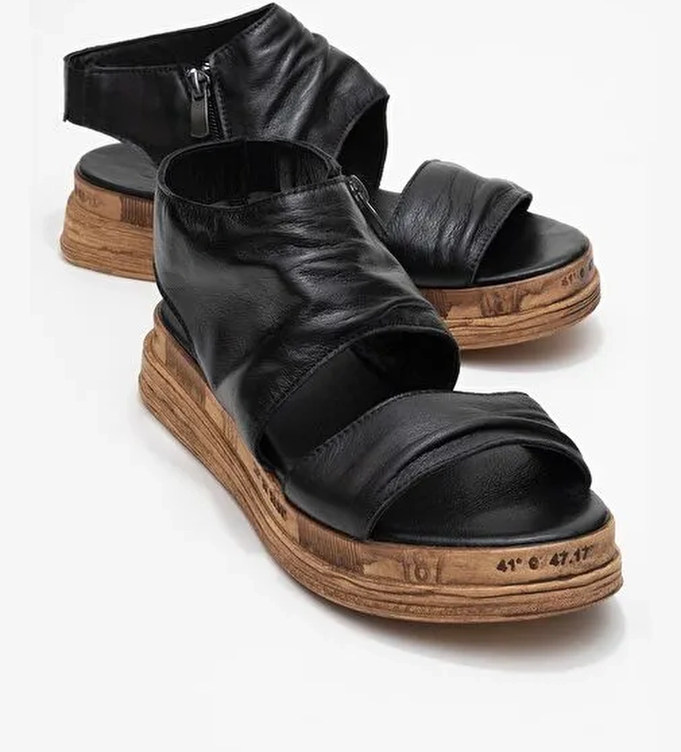 LUNAS Siyah Hakiki Deri Yandan Fermuarlı Kadın Sandalet - Görsel 1