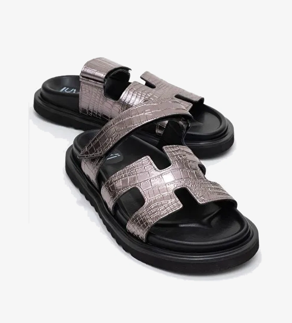 LOANA Platin Baskı Hakiki Deri Kadın Terlik - Görsel 1