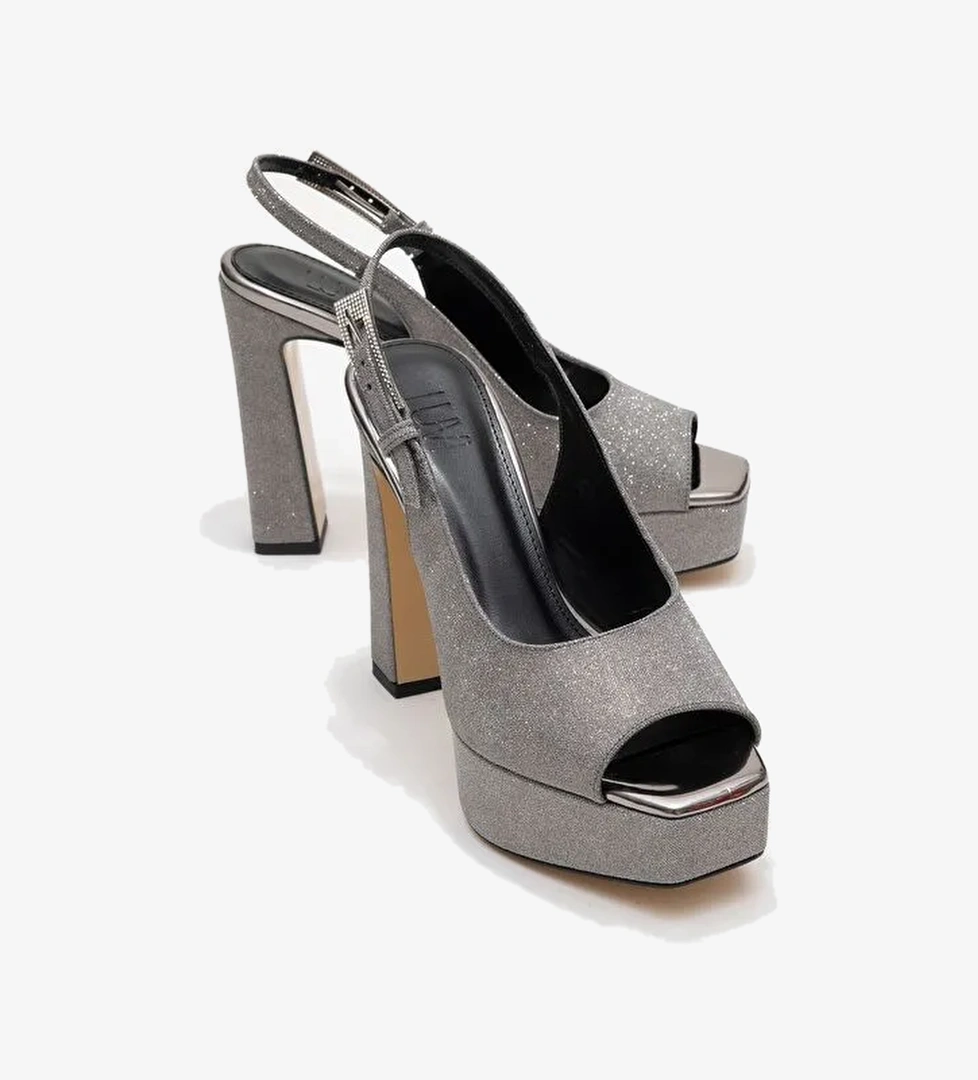GLORA Platin Simli Kadın Platform Topuklu Abiye Ayakkabı - Görsel 1