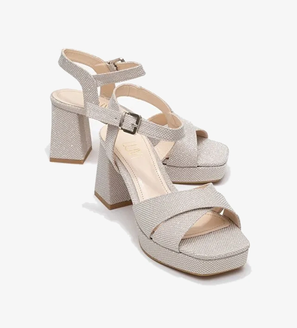 LİSBON Altın Simli Çapraz Bantlı Kadın Platform Topuklu Ayakkabı - Görsel 1