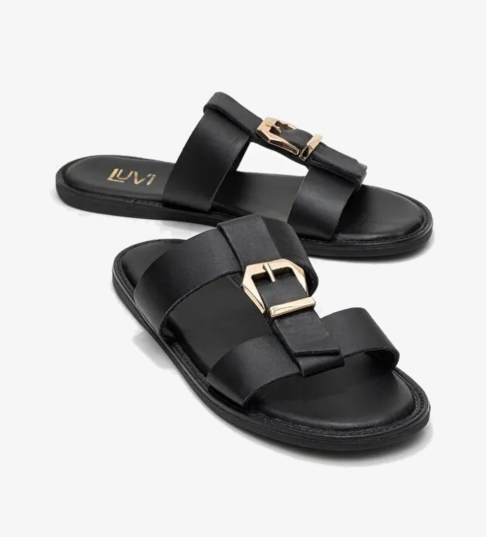 SVETA Siyah Cilt Tokalı Hakiki Deri Kadın Terlik - Görsel 1