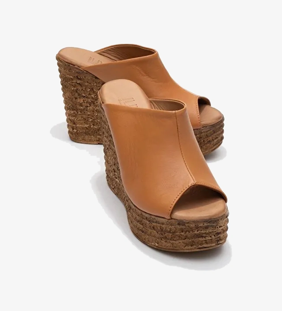 NELLY Taba Cilt Hakiki Deri Kadın Dolgu Topuklu Terlik - Görsel 1