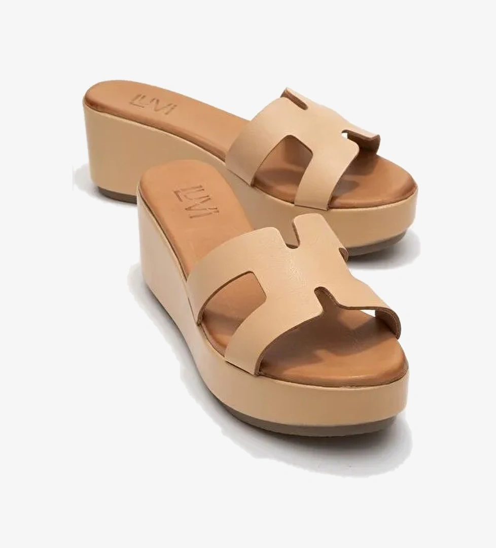 LIA Koyu Bej Cilt Hakiki Deri Kadın Dolgu Topuklu Terlik - Görsel 1