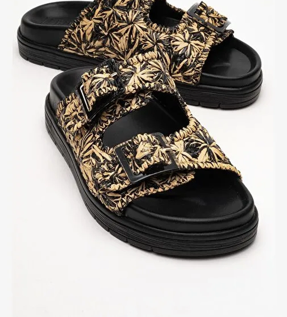 MILANA Siyah Desenli Hakiki Deri Tokalı Çift Bantlı Kadın Terlik - Görsel 1