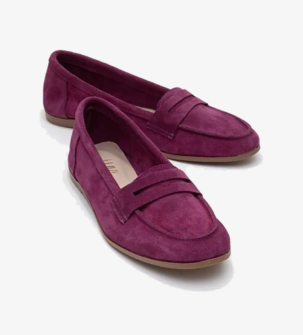 F02 Mor Süet Hakiki Deri Kadın Loafer Ayakkabı - Görsel 1