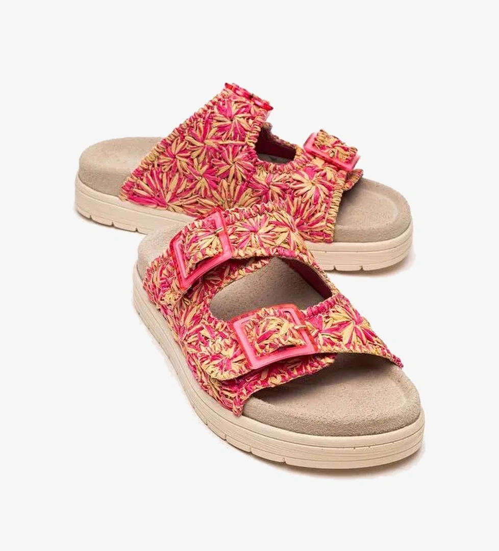 MILANA Pembe Desenli Hakiki Deri Tokalı Çift Bantlı Kadın Terlik - Görsel 1