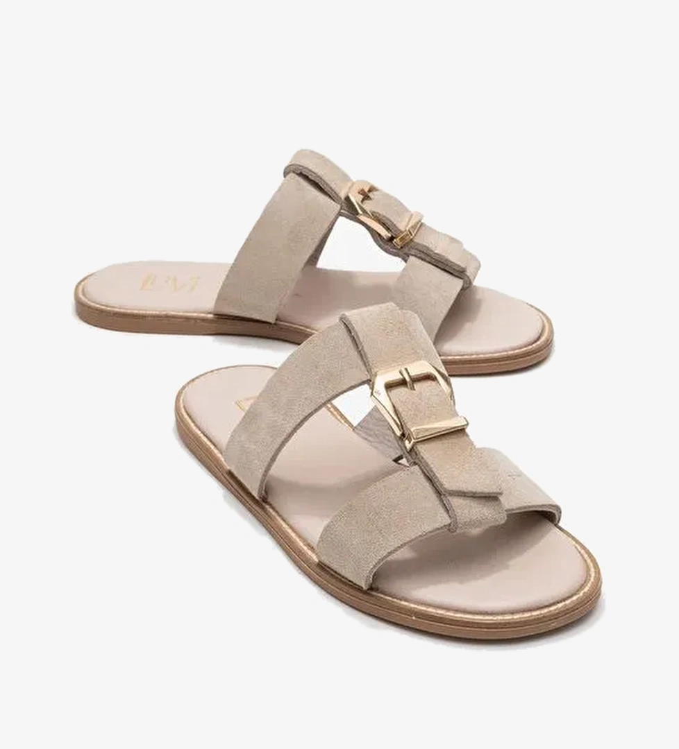 SVETA Bej Süet Tokalı Hakiki Deri Kadın Terlik - Görsel 1