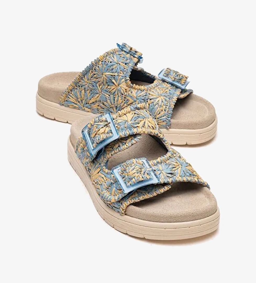 MILANA Mavi Desenli Hakiki Deri Tokalı Çift Bantlı Kadın Terlik - Görsel 1