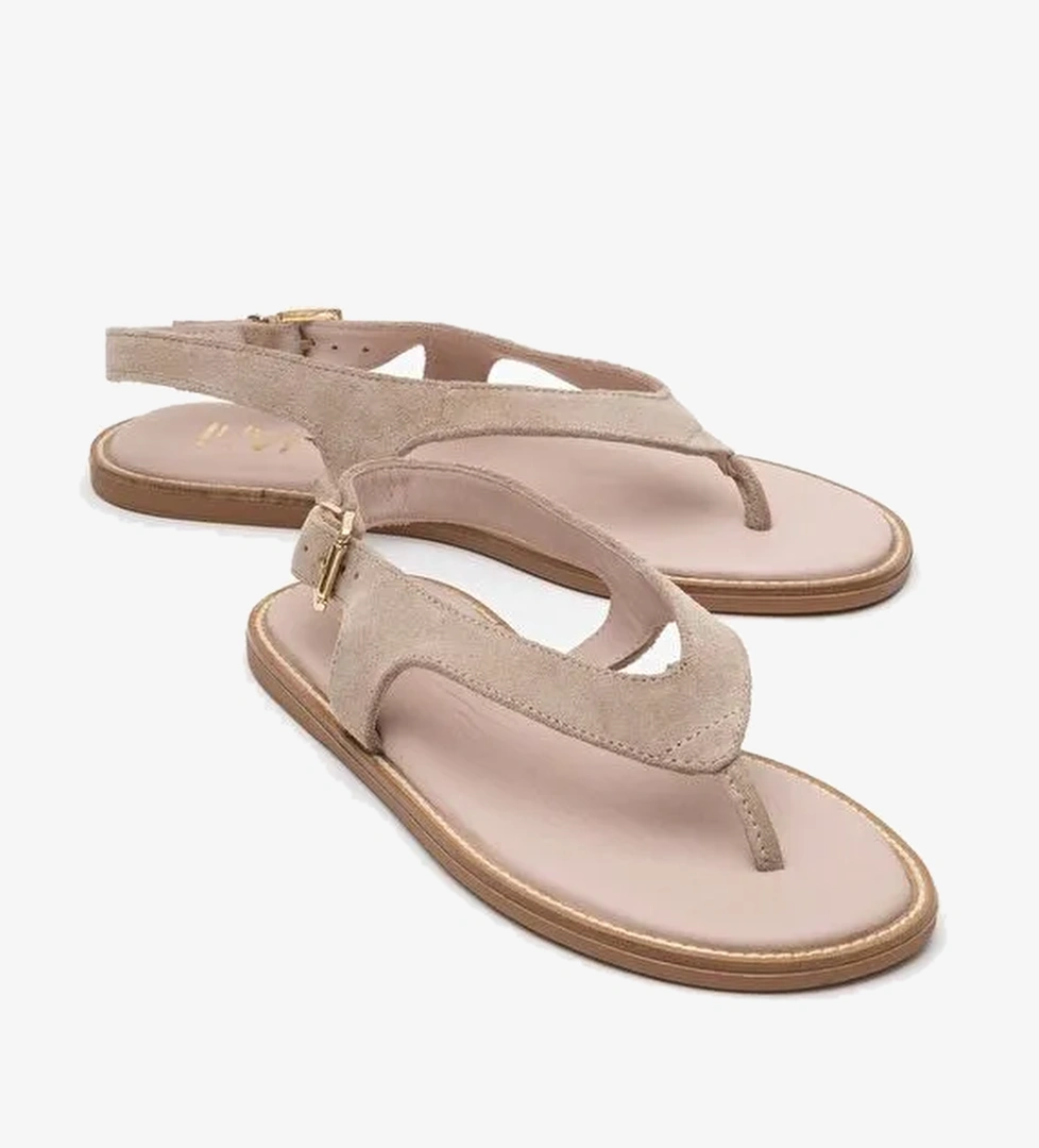 BELİNDA Bej Süet Hakiki Deri Kadın Parmak Arası Sandalet - Görsel 1