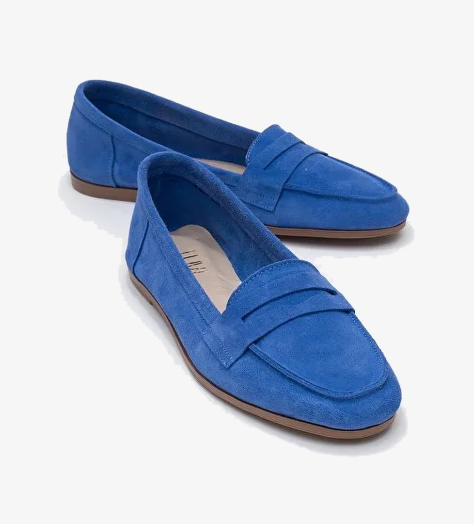 F02 Mavi Süet Hakiki Deri Kadın Loafer Ayakkabı - Görsel 1