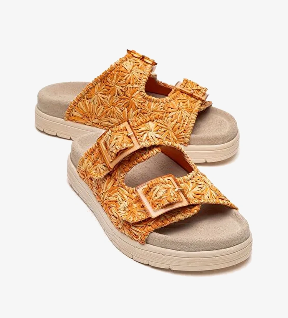 MILANA Turuncu Desenli Hakiki Deri Tokalı Çift Bantlı Kadın Terlik - Görsel 1