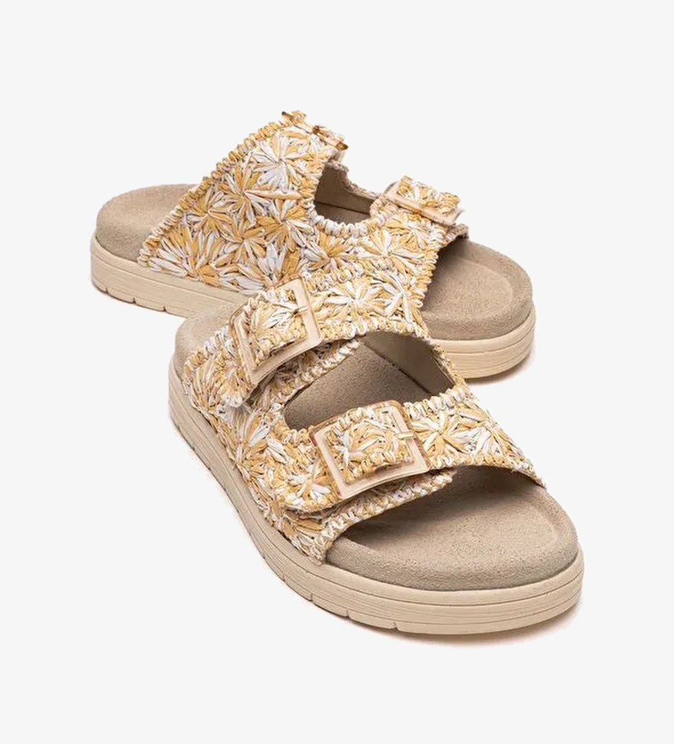 MILANA Bej Desenli Hakiki Deri Tokalı Çift Bantlı Kadın Terlik - Görsel 1