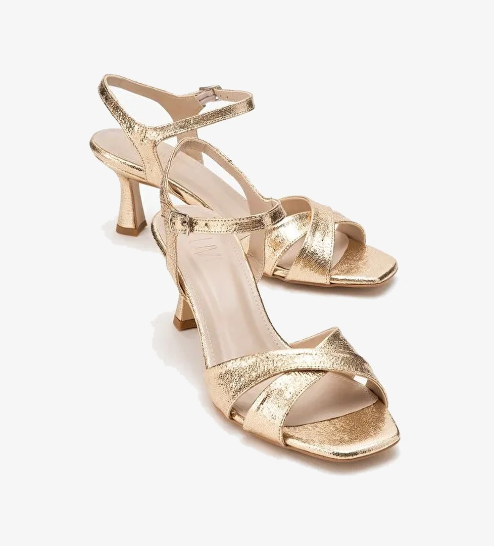 MELİN Altın Desenli Çapraz Bantlı Kadın Topuklu Ayakkabı - Görsel 1