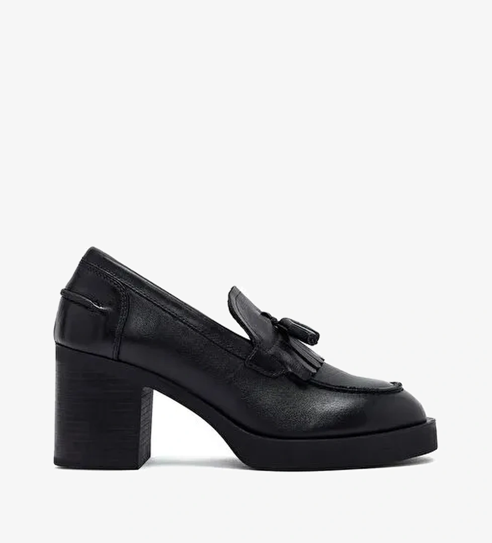 Kadın Siyah Kalın Topuklu Deri Maskülen Loafer 25AFD510618 - Görsel 1