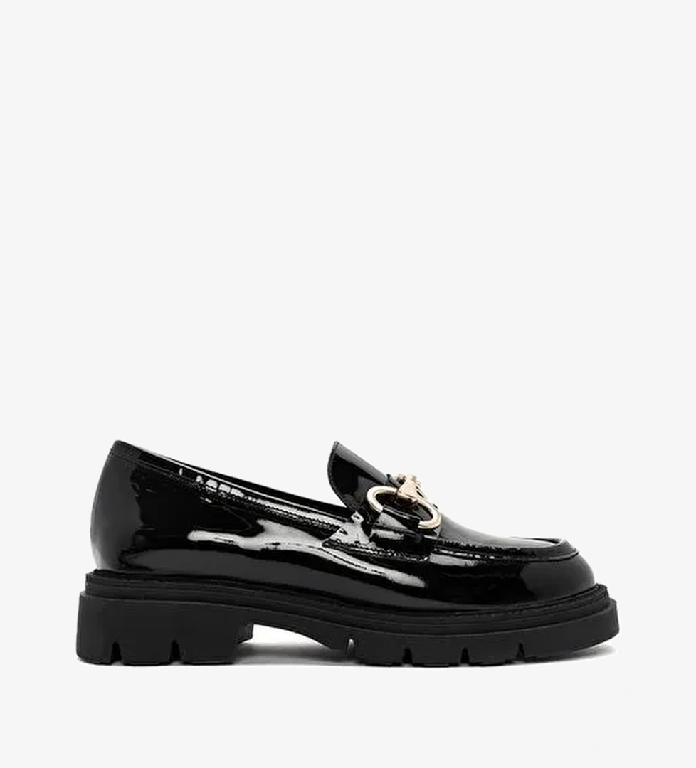Kadın Siyah Tokalı Kalın Tabanlı Deri Maskülen Loafer 25AFD160018 - Görsel 1