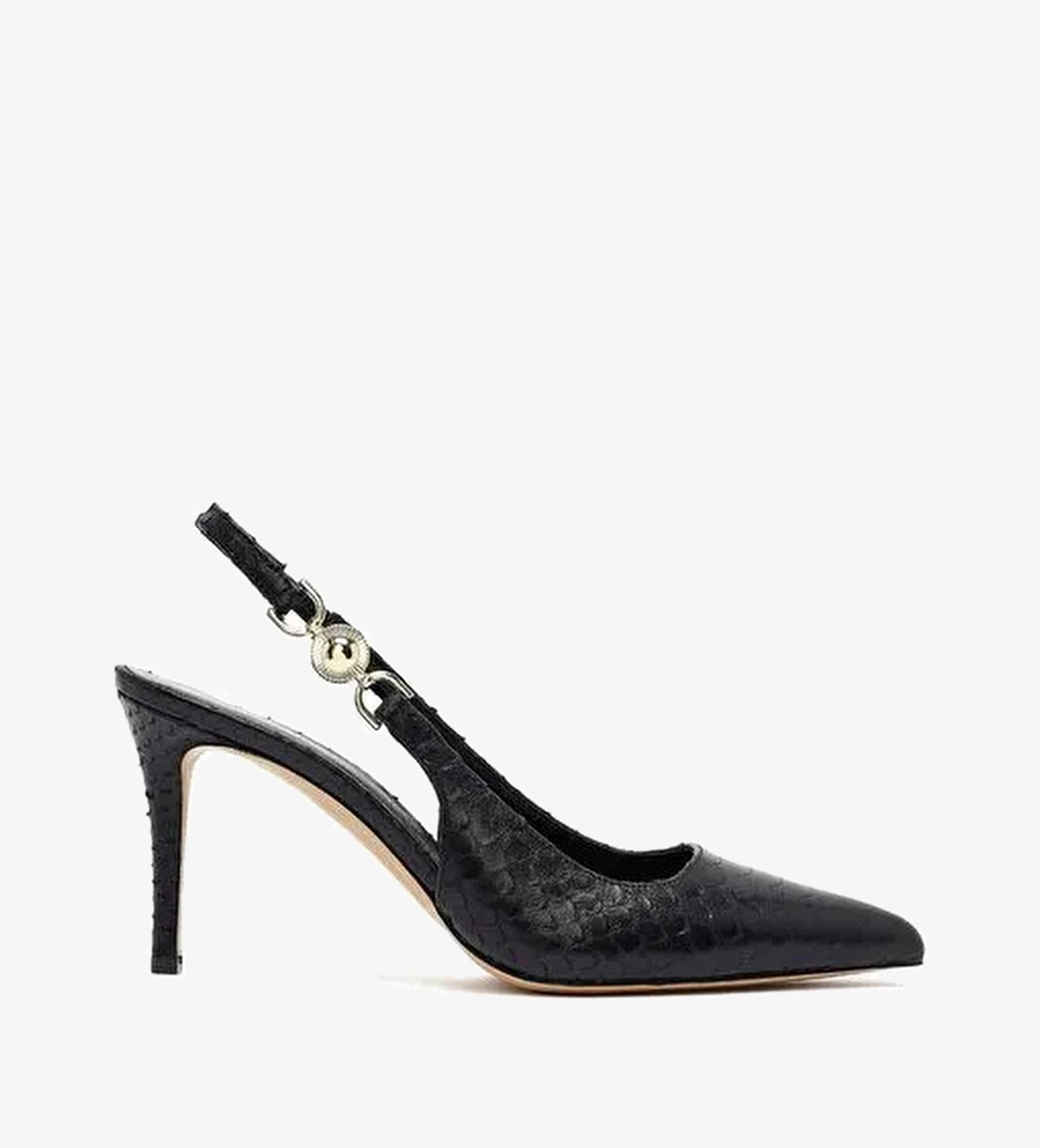 Kadın Siyah Tokalı Arkası Açık Desenli İnce Topuklu Deri Ayakkabı 25AFD120240 - Görsel 1