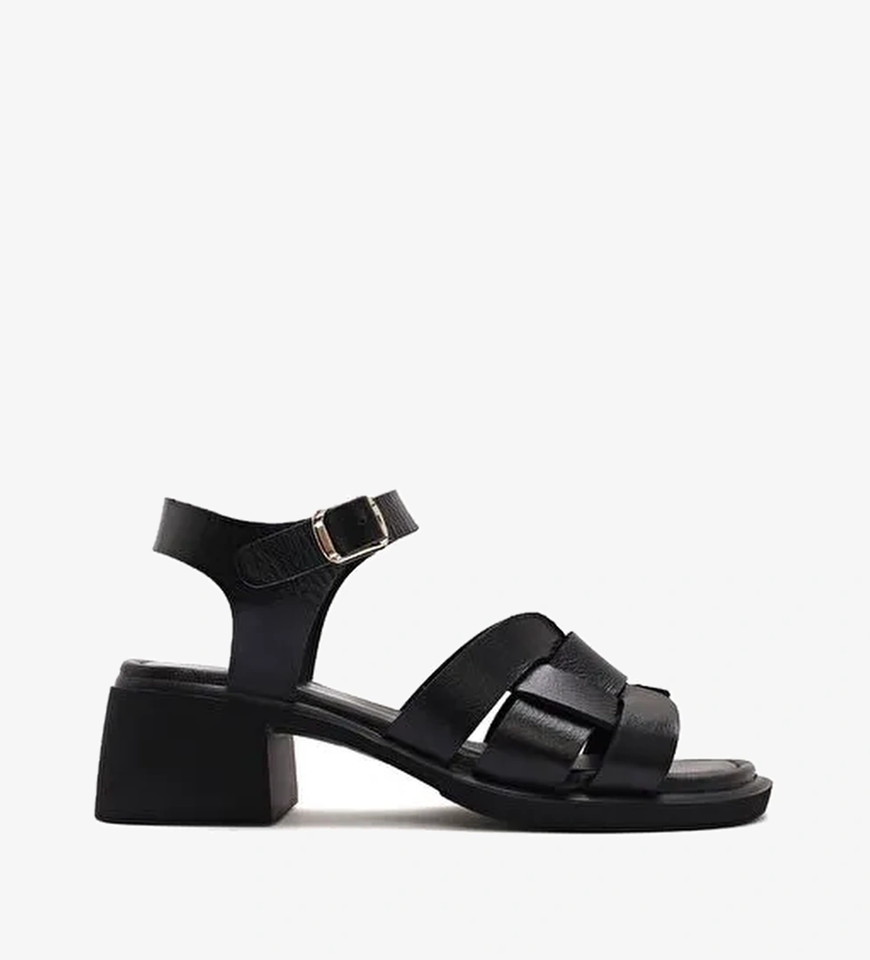 Kadın Siyah Bilekten Tokalı Kısa Kalın Topuklu Deri Sandalet 25SFD130918 - Görsel 1