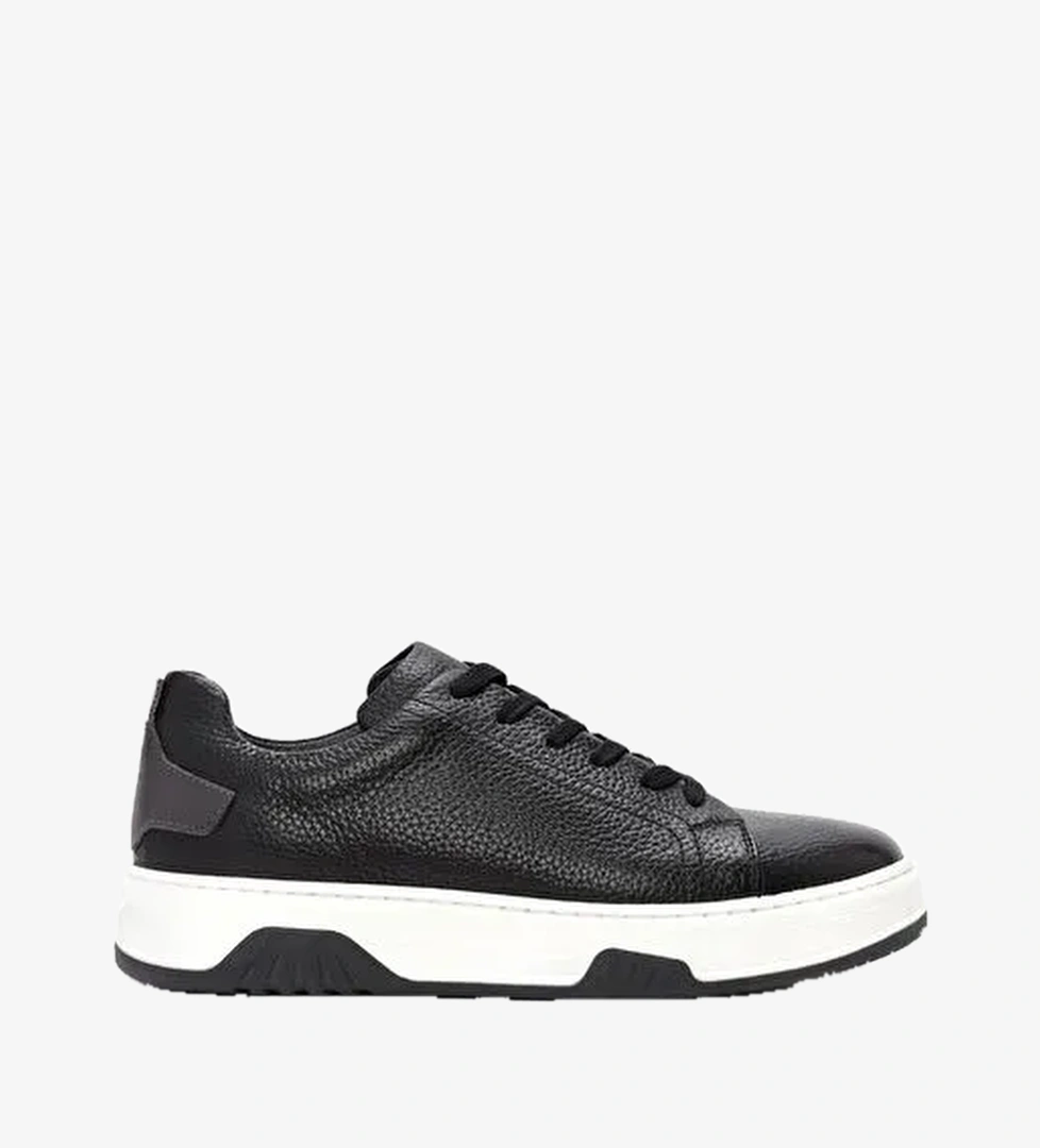 Erkek Siyah Bağcıklı Kalın Tabanlı Deri Sneaker 25WFD6885FT - Görsel 1