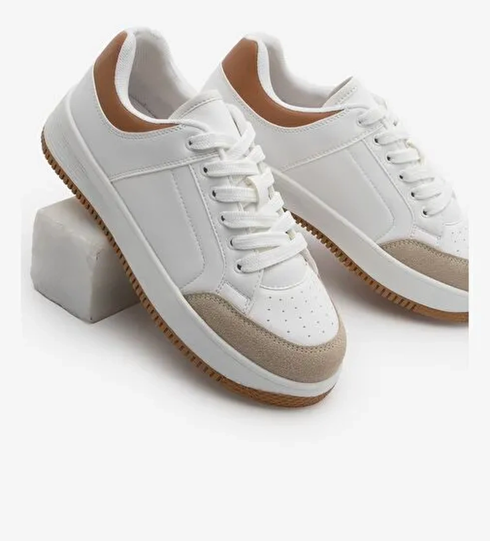 Kadın Sneaker Kalın Taban Süet Detay Spor Ayakkabı Hinos Bej - Görsel 1