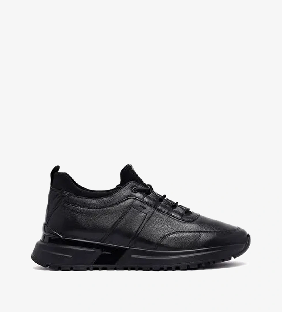 Erkek Siyah Bağcıklı Kalın Tabanlı Deri Casual Sneaker 25WFD642218 - Görsel 1