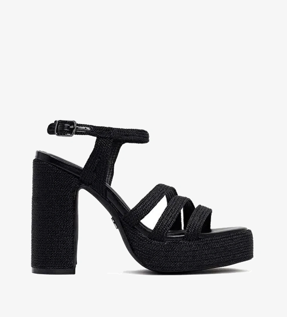 Kadın Siyah Bilekten Tokalı Yüksek Kalın Topuklu Platform Hasır Sandalet 25SFD4433M7 - Görsel 1