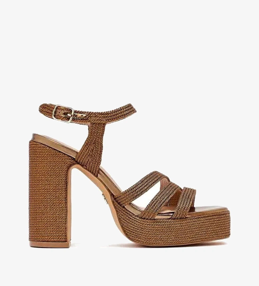 Kadın Bronz Bilekten Tokalı Yüksek Kalın Topuklu Platform Hasır Sandalet 25SFD4433M7 - Görsel 1