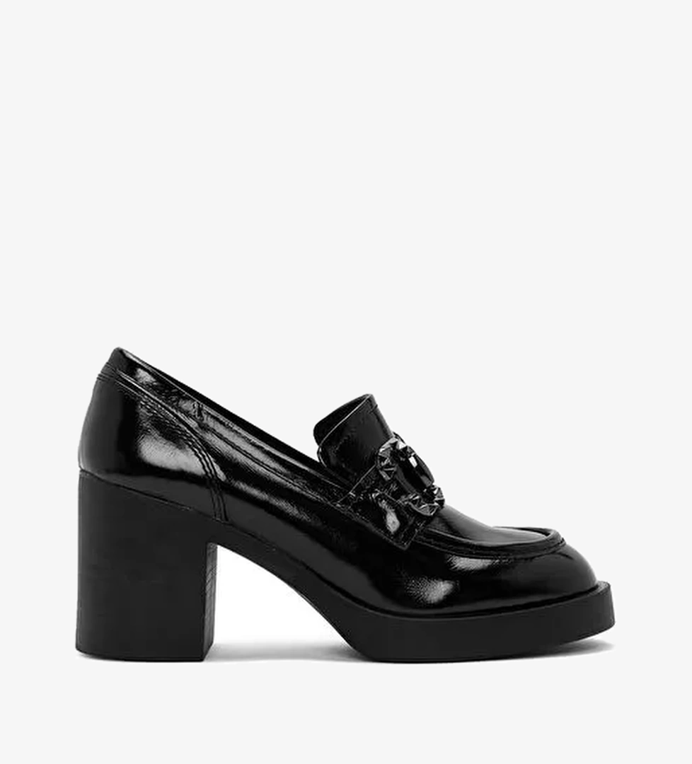 Kadın Siyah Yüksek Kalın Topuklu Rugan Deri Maskülen Loafer 25AFD510116 - Görsel 1
